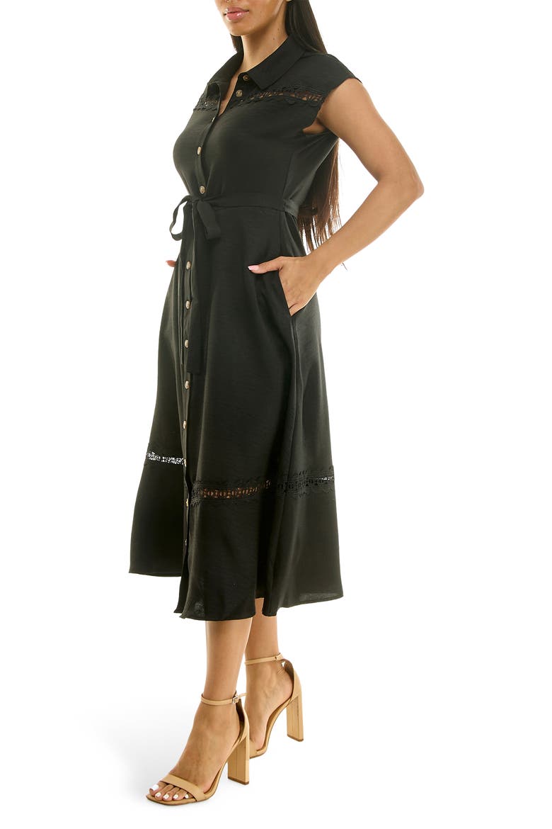 Cap Sleeve Lace Trim Midi Shirtdress, Alternate, color, BLACK