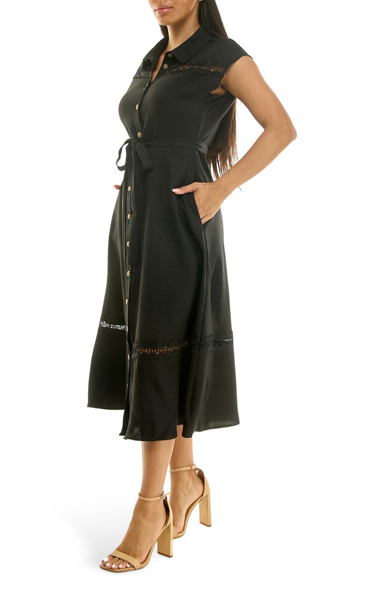 Nina Leonard Cap Sleeve Lace Trim Midi Shirtdress, Alternate, color, Black
