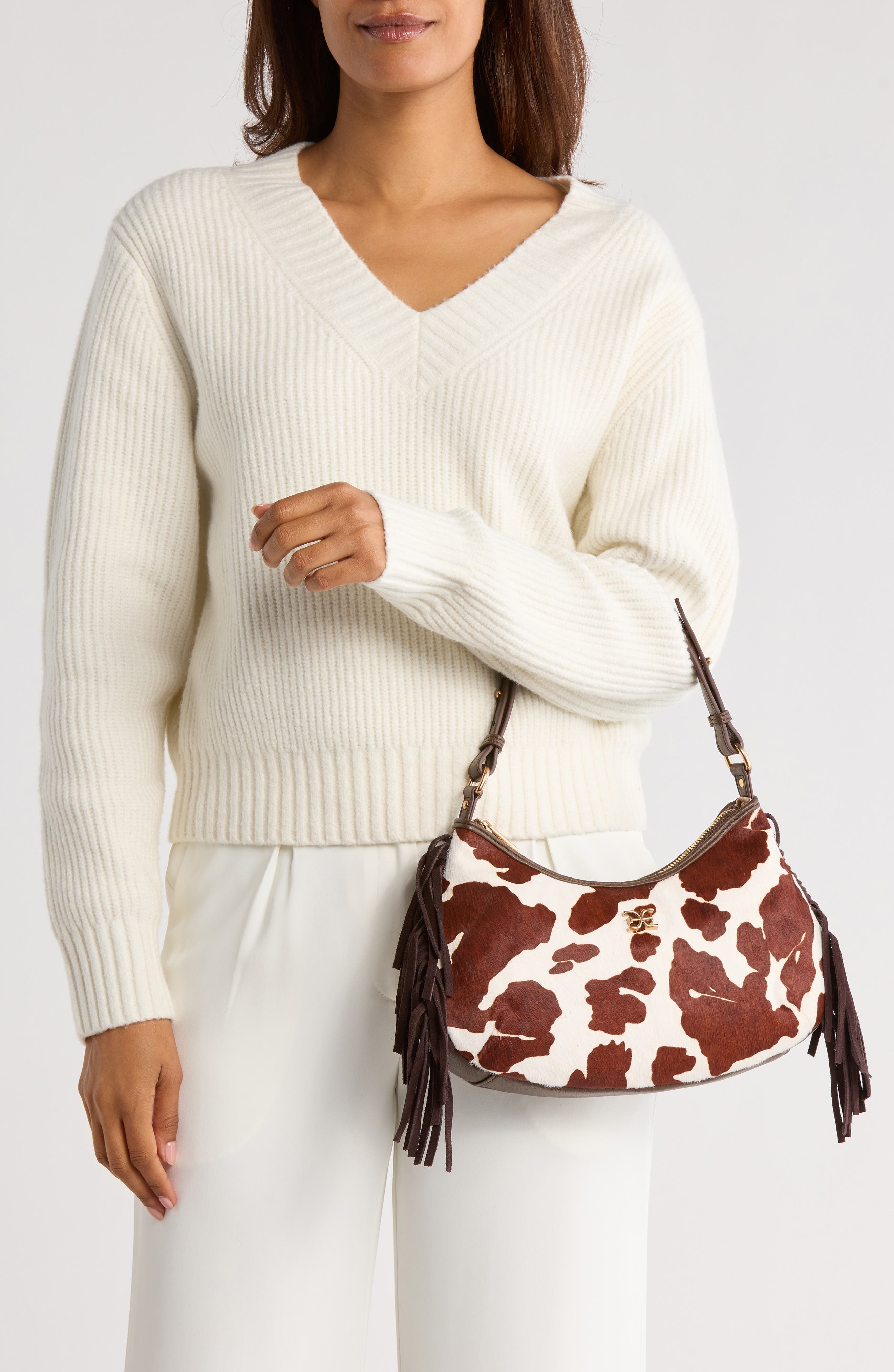 Sam Edelman Nylie Genuine Calf Hair Fringe Shoulder Bag, Alternate, color, Brown