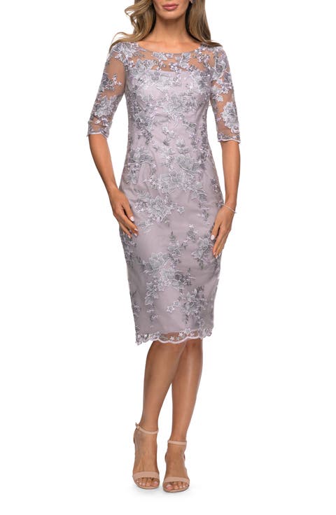 Tea Length Lace Gown with Three Quarter Sleeves