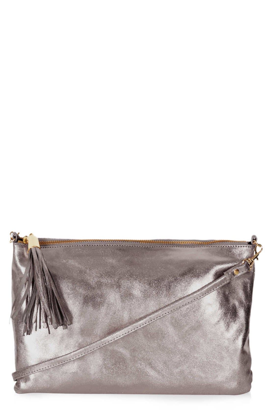 Crackled Metallic Zip Top Clutch, Main, color, PEWTER
