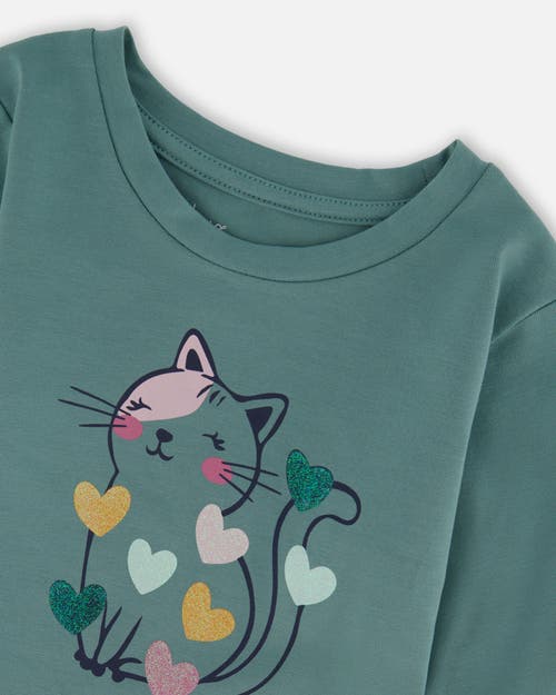 Deux Par Deux Organic Cotton T-shirt With Cat In Green