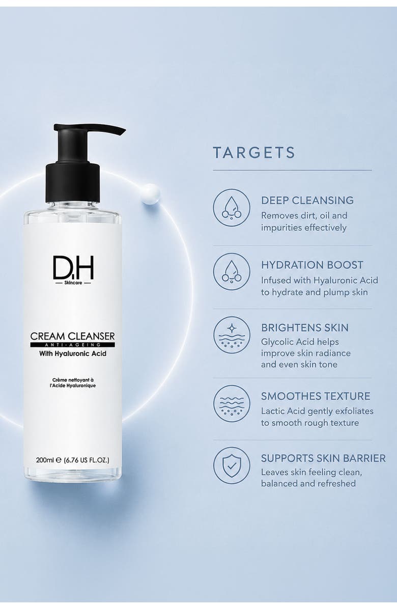 Dr H Cream Cleanser with Hyaluronic Acid 200ml for Dryness, Fine Lines & Wrinkles, Alternate, color, White