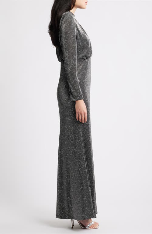 Vince Camuto Metallic Rhinestone Long Sleeve Mermaid Gown In Gray