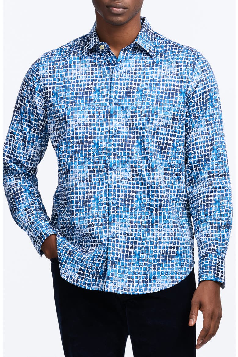 Hester Tile Print Stretch Cotton Button-Up Shirt, Main, color, BLUE