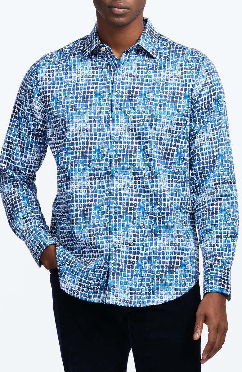 Robert Graham Hester Tile Print Stretch Cotton Button-Up Shirt, Main, color, Blue