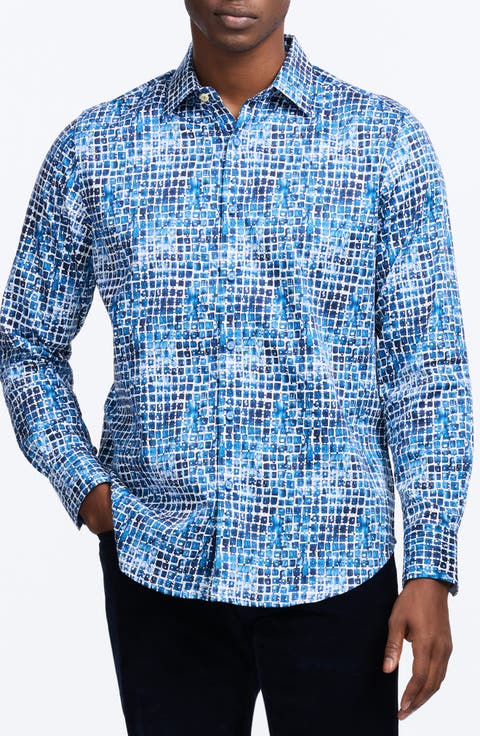 Hester Tile Print Stretch Cotton Button-Up Shirt
