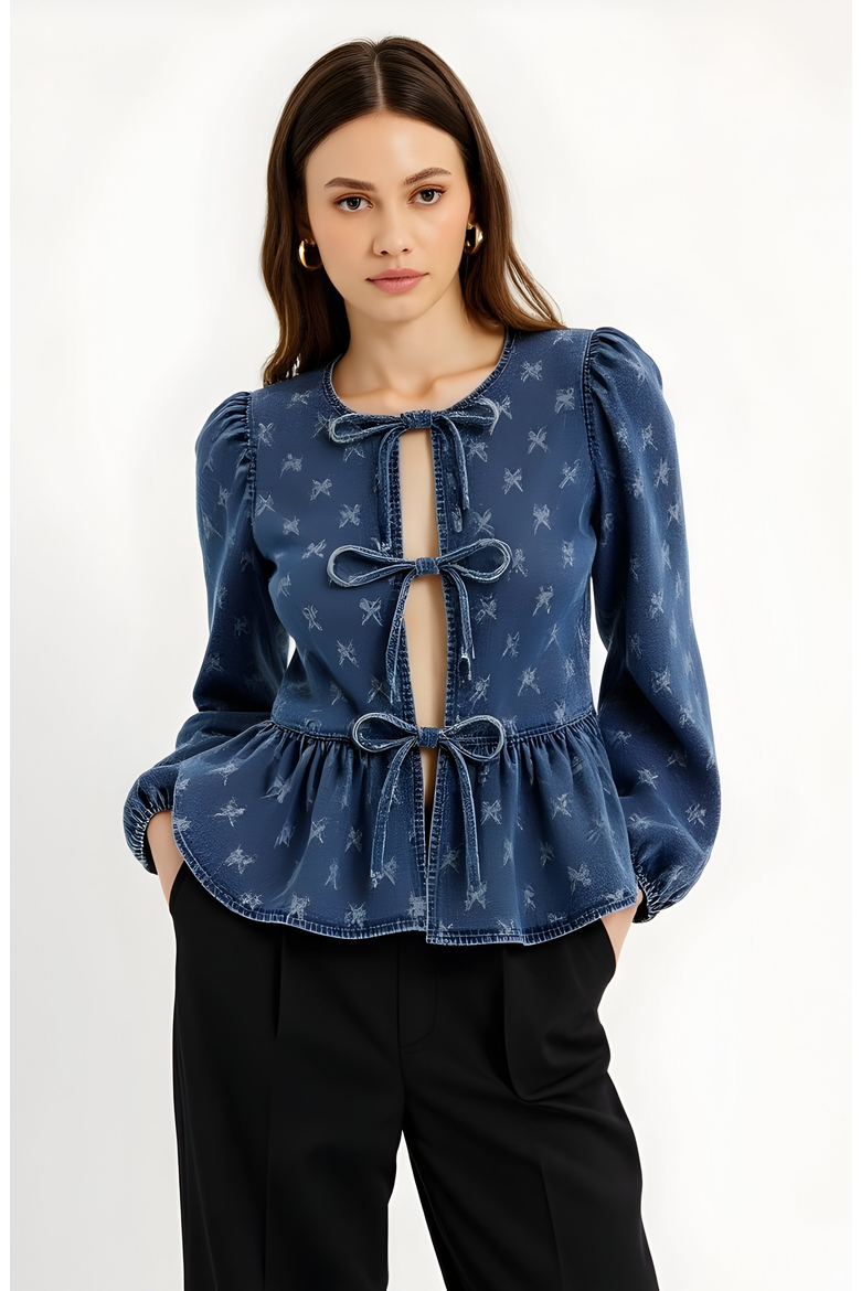 Denim Top with Bow-Front and Puffed Sleeves, Main, color, Dark Blue
