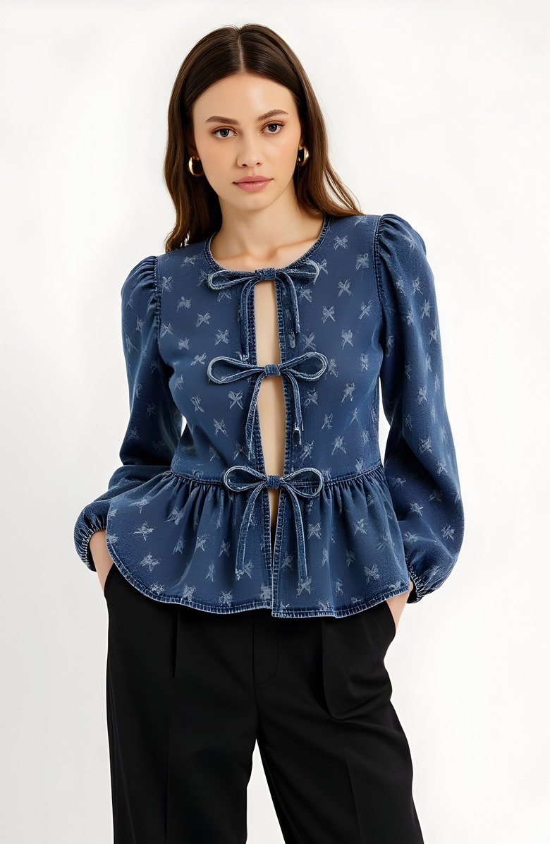 Modenaire Denim Top with Bow-Front and Puffed Sleeves, Main, color, Dark Blue
