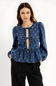 Modenaire Denim Top with Bow-Front and Puffed Sleeves