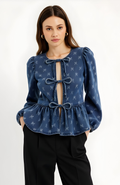 Modenaire Denim Top with Bow-Front and Puffed Sleeves