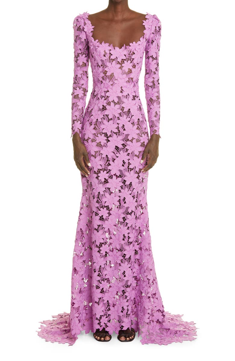 Oscar de la Renta Tiger Lily Guipure Lace Long Sleeve Gown with Train, Main, color, 
