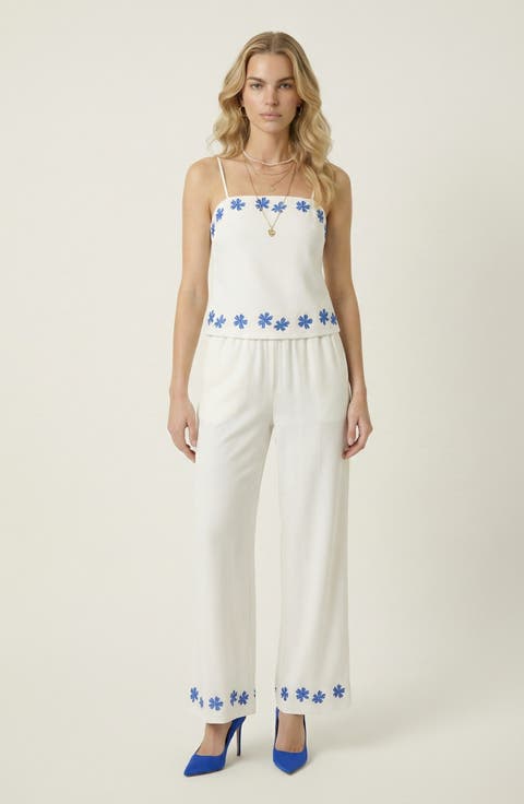 Embroidered Camisole and Wide-Leg Pant Set with Floral Hem