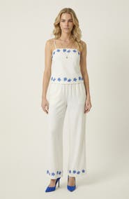 Modenaire Embroidered Camisole and Wide-Leg Pant Set with Floral Hem