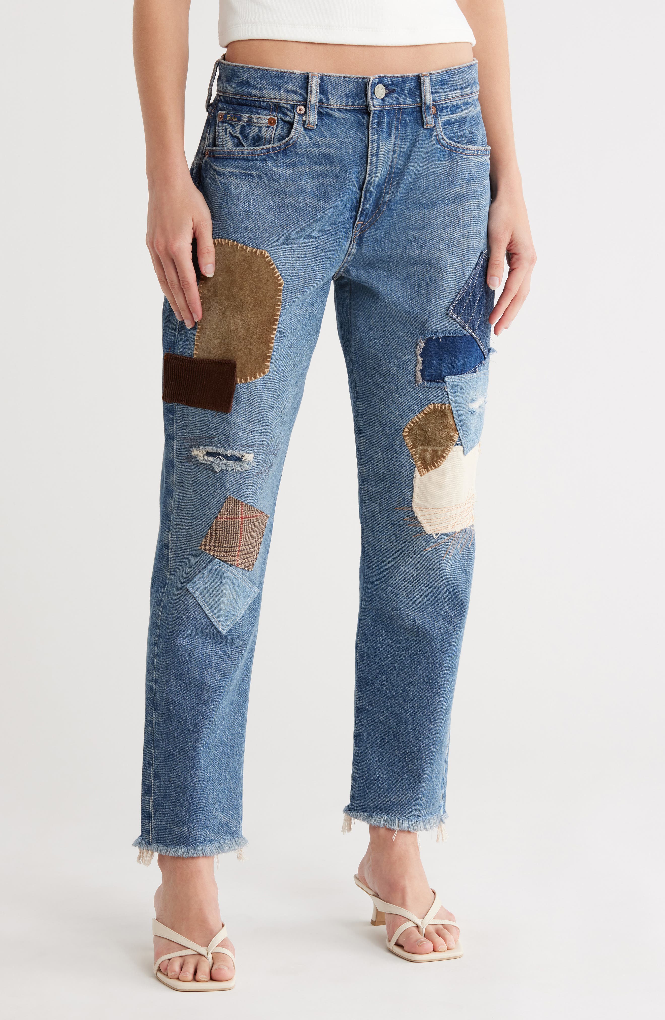 Polo Ralph Lauren Patched Fray Hem Ankle Straight Jeans