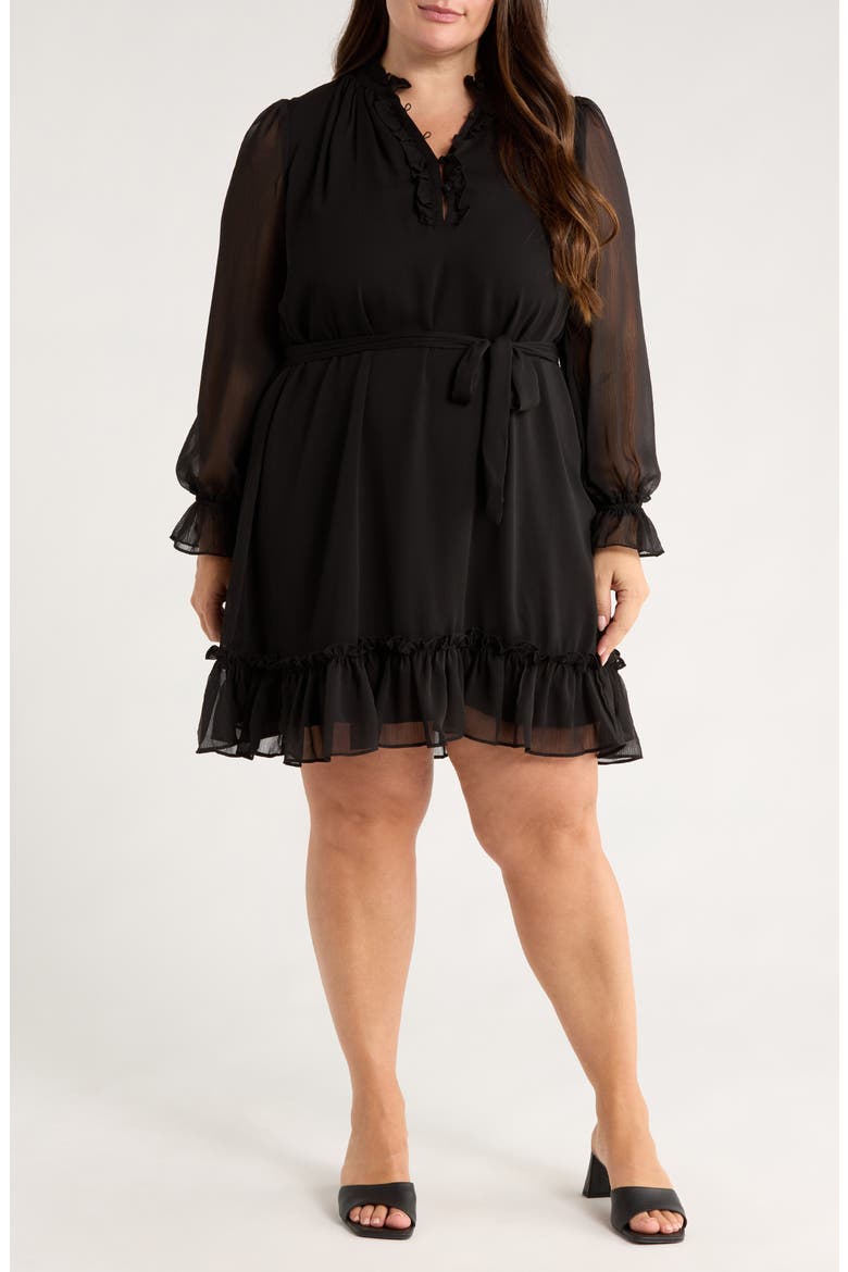 Ruffle Tie Waist Long Sleeve Dress, Main, color, RICH BLACK