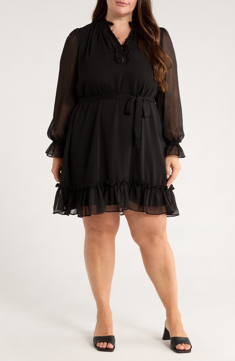 CeCe Ruffle Tie Waist Long Sleeve Dress, Main, color, Rich Black