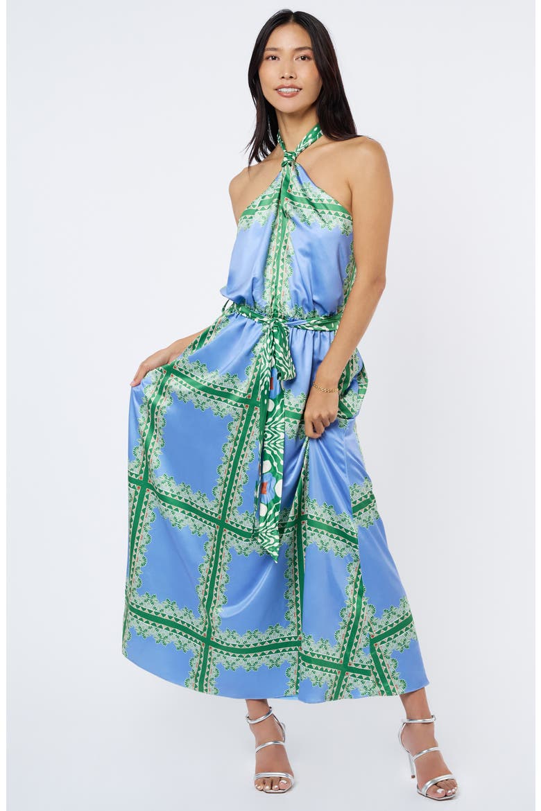 Leche Scarf Print Halter Neck Satin Maxi Dress, Alternate, color, BLUE MULTI