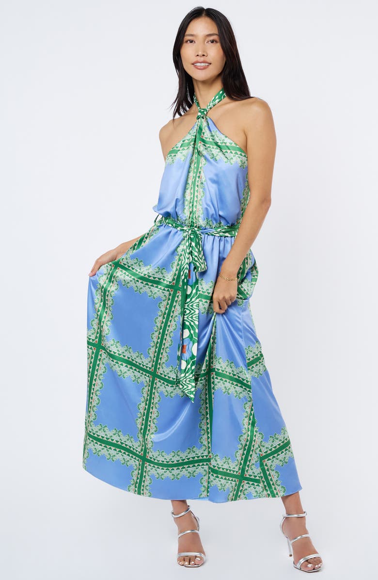 CIEBON Leche Scarf Print Halter Neck Satin Maxi Dress, Alternate, color, Blue Multi