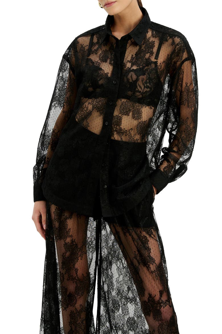 Aleida Oversize Sheer Lace Shirt, Main, color, BLACK