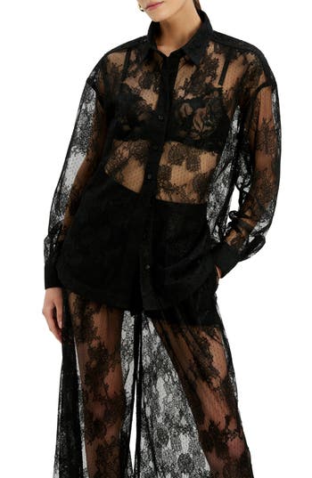 Bardot Aleida Oversize Sheer Lace Shirt in Black at Nordstrom Rack, Size 8