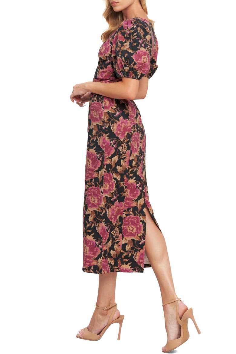 Floral Print Puff Sleeve Midi Dress, Alternate, color, BLACK