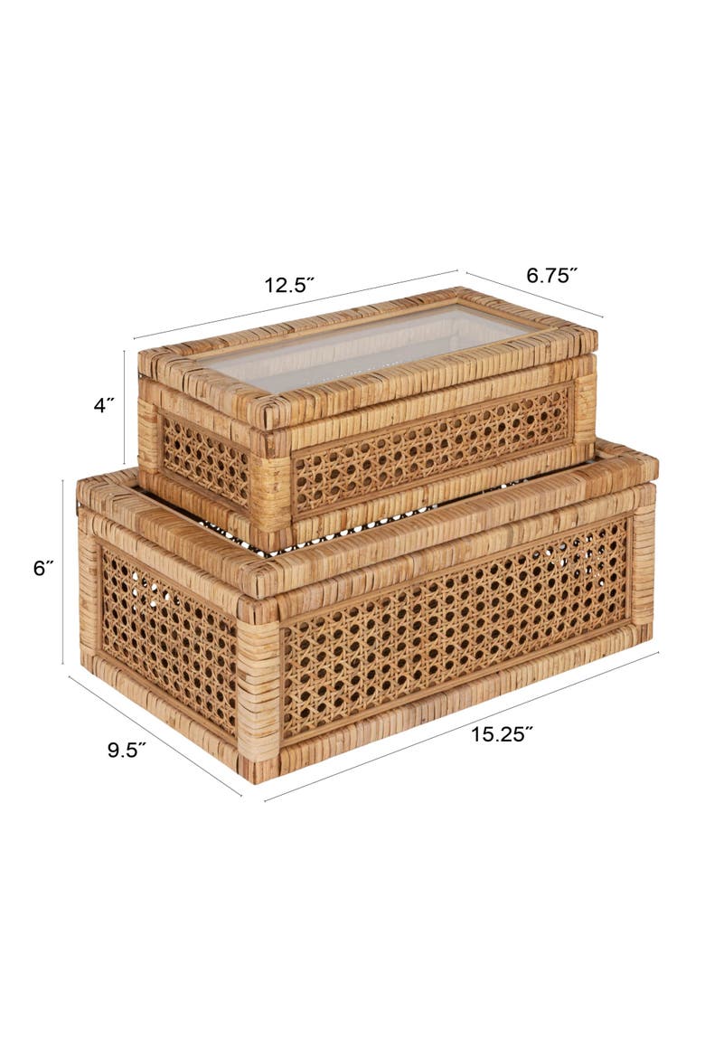 Woven Rattan and Wood Display Boxes with Glass Lids, Natural and Clear, Set of 2, Alternate, color, Natural