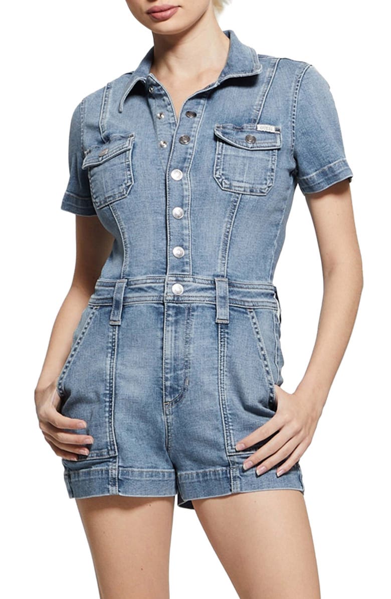 GUESS Lara Denim Romper, Main, color, Blue