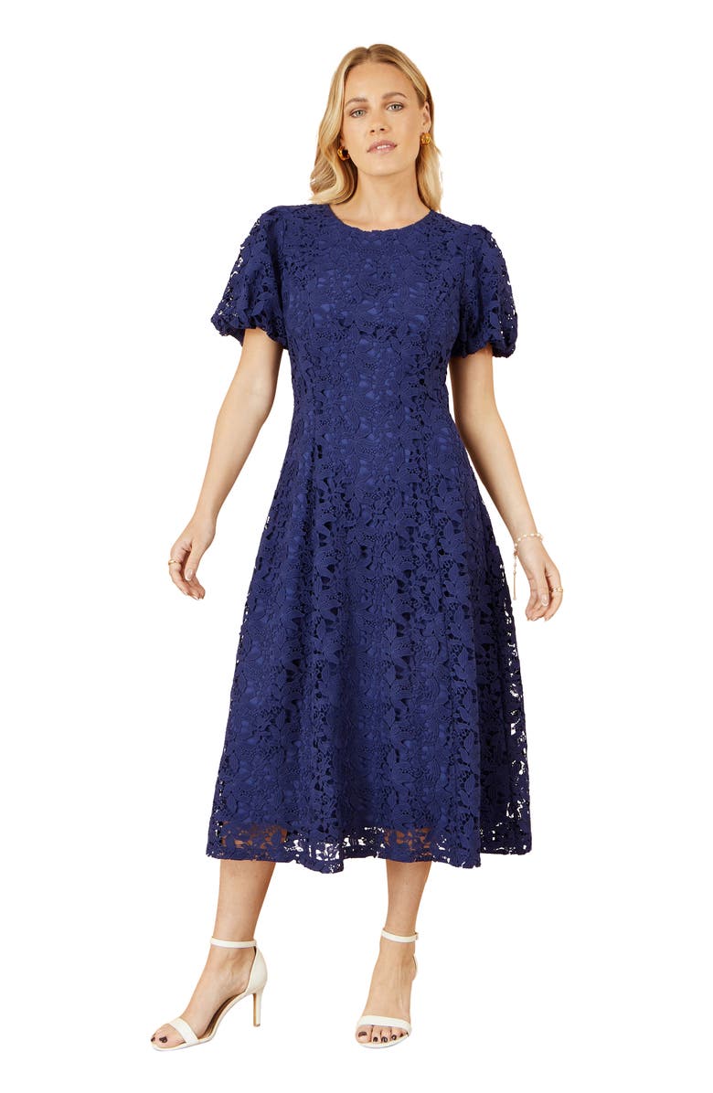 Yumi Lace Midi Skater Dress, Main, color, Navy