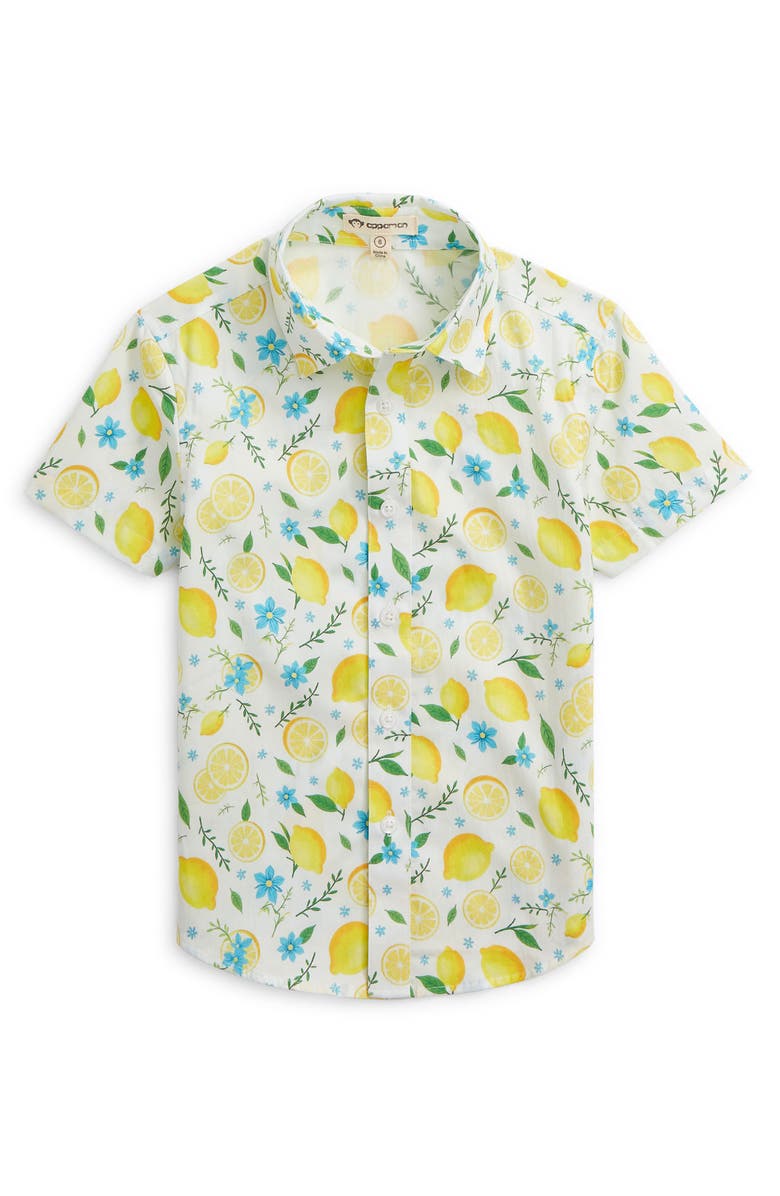 Appaman Kids' Day Party Short Sleeve Cotton Button-Up Shirt, Main, color, Lemon Zest