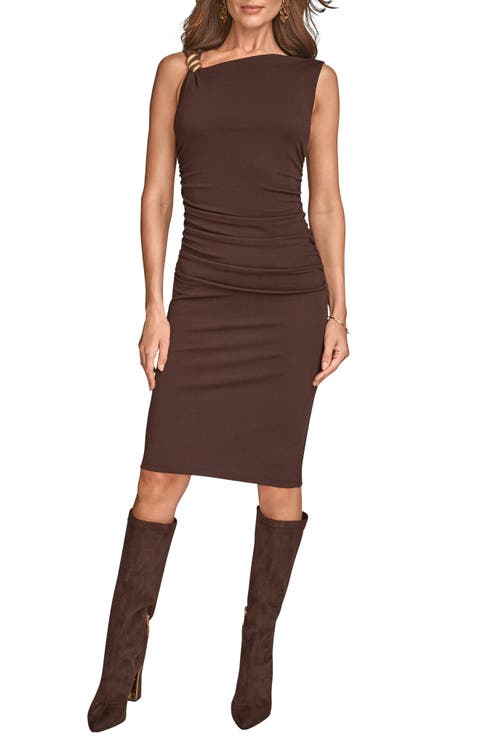 Asymmetric Neck Hardware Sheath Dress