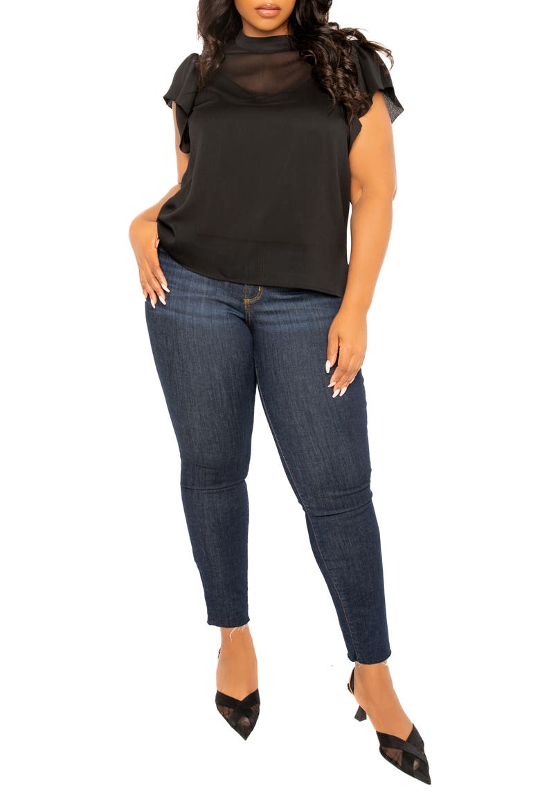 Ruffle Sleeve Top, Alternate, color, BLACK