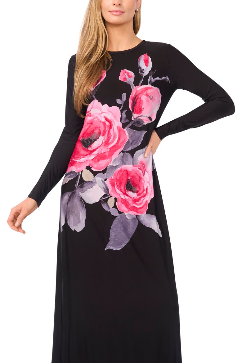 Eloise Placed Floral Long Sleeve Maxi Dress, Alternate, color, RICH BLACK