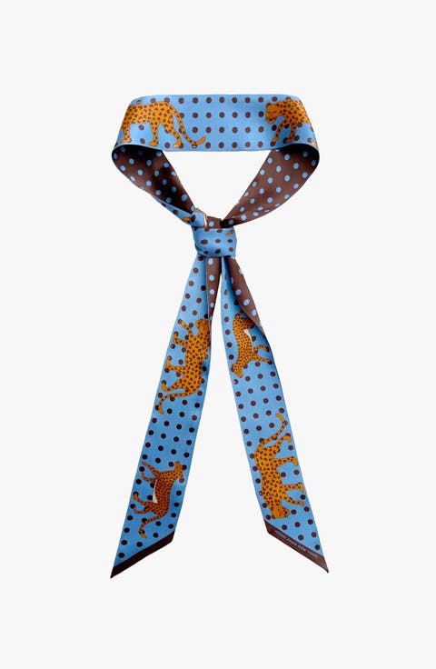 Silk Skinny Scarf Of Blue Leopards Garden