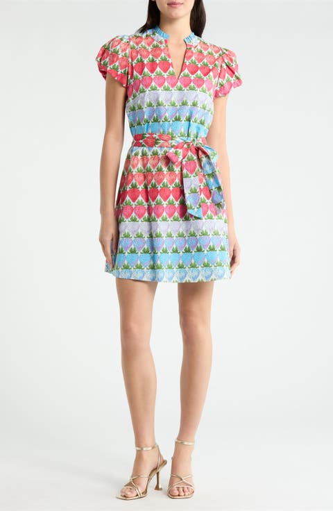 Berry Burst Orela Puff Sleeve Tie Belt Cotton Minidress
