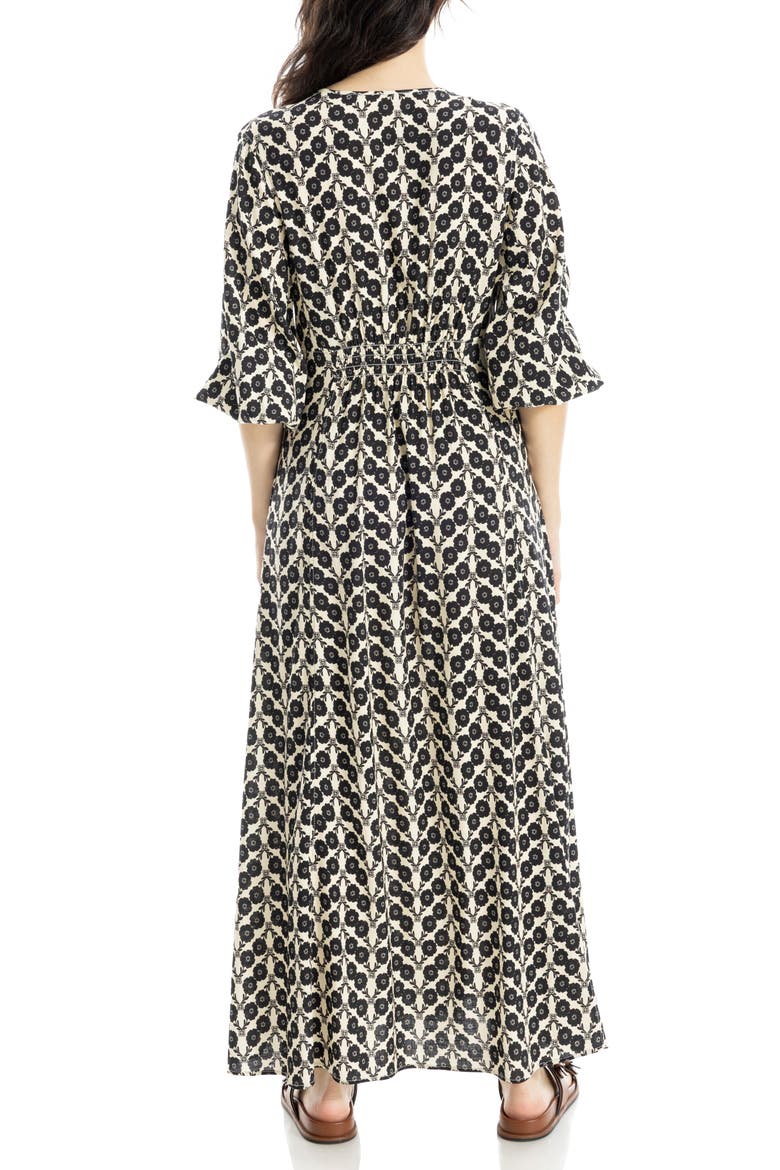 maxi dress with three quarter sleeves Blue Bohemian Floral Print Three Quarter Sleeve Tiered Maxi Dress by Blue Zone Planet