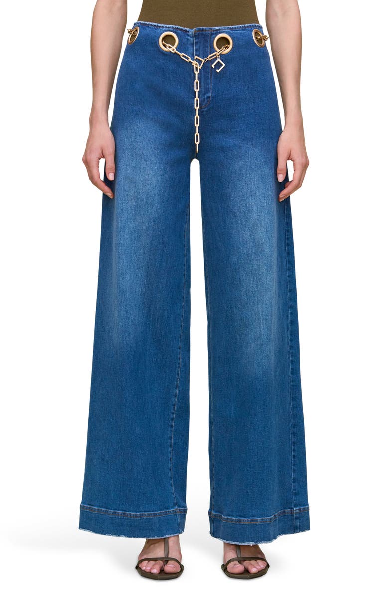 Cult Gaia Sydney Belted Grommet Wide Leg Pants, Main, color, Rinse Wash