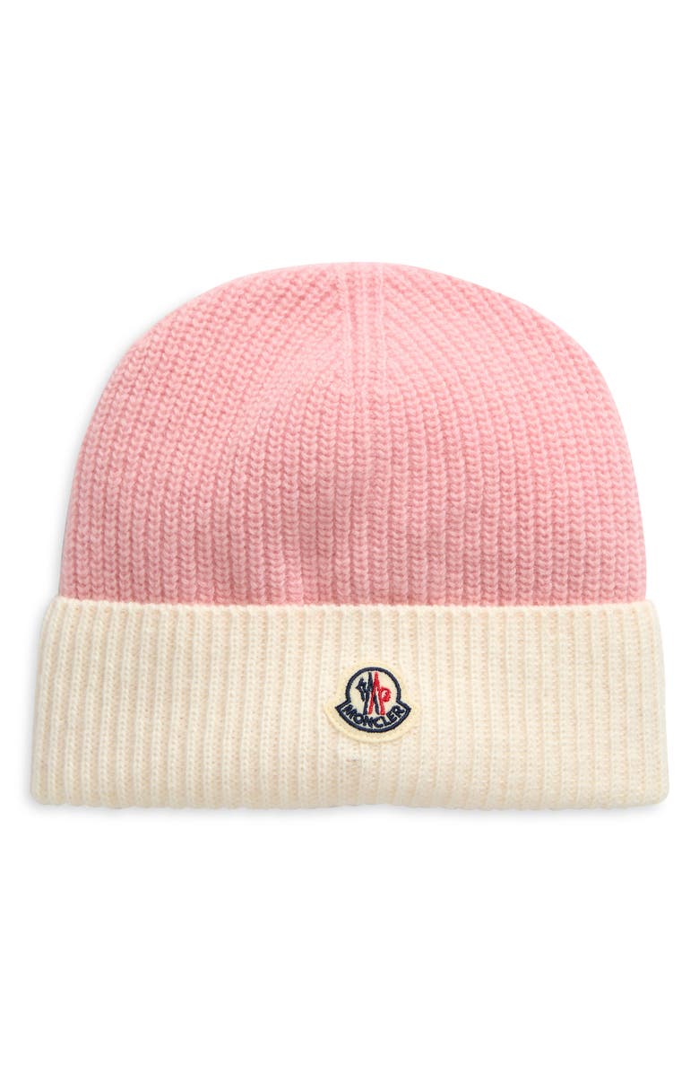 Moncler Logo Patch Colorblock Rib Wool Beanie, Main, color, 