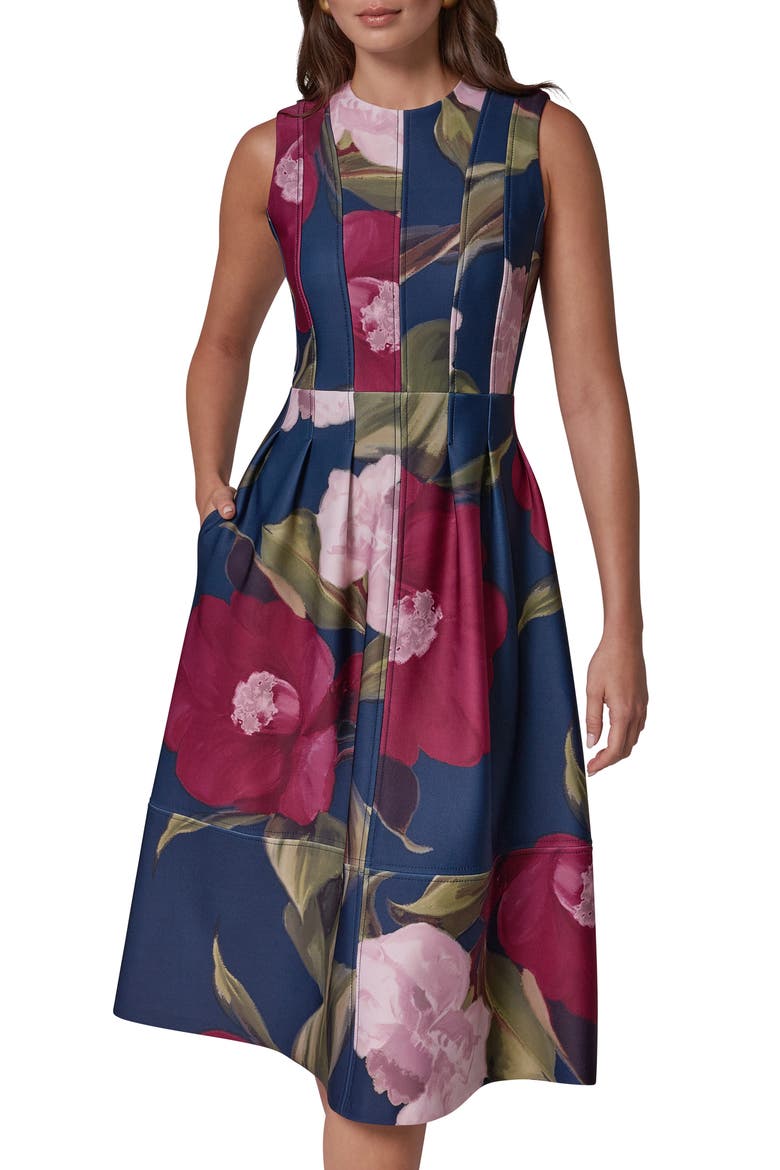 Floral Panelled Scuba Crepe Fit & Flare Dress, Alternate, color, NAVY/ BLACK