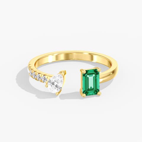 Pear and Green Emerald Open Duo Lab Diamond Ring in 14K