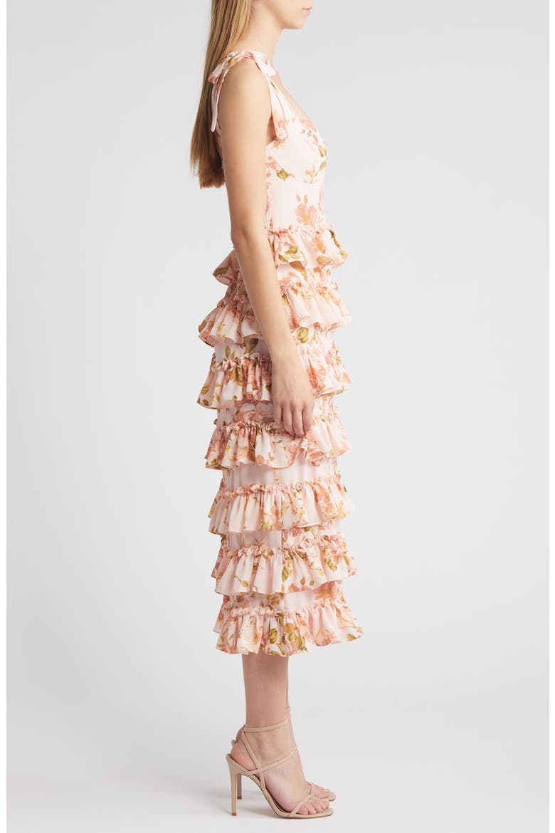The Masie Floral Tiered Ruffle Cocktail Midi Dress, Alternate, color, VINTAGE ROSES