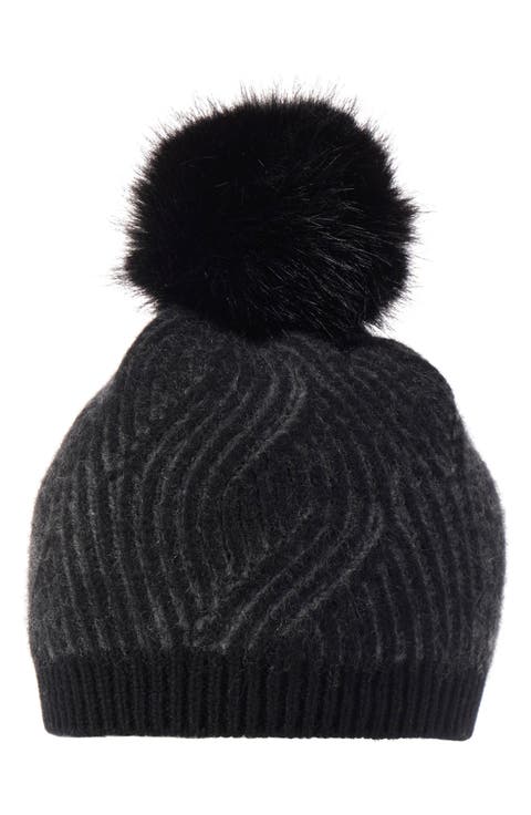 Faux Fur Pompom Plaited Rib Cashmere Knit Beanie