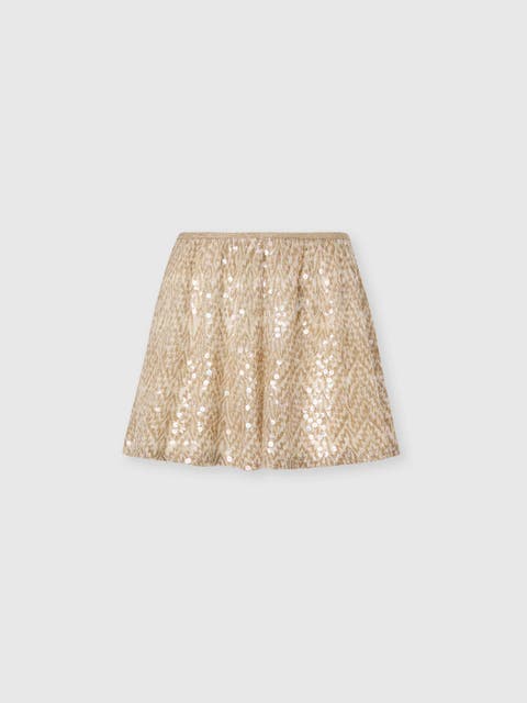 Shorts In Viscose Lamé With Lace Zig Zag Motif And Sequins