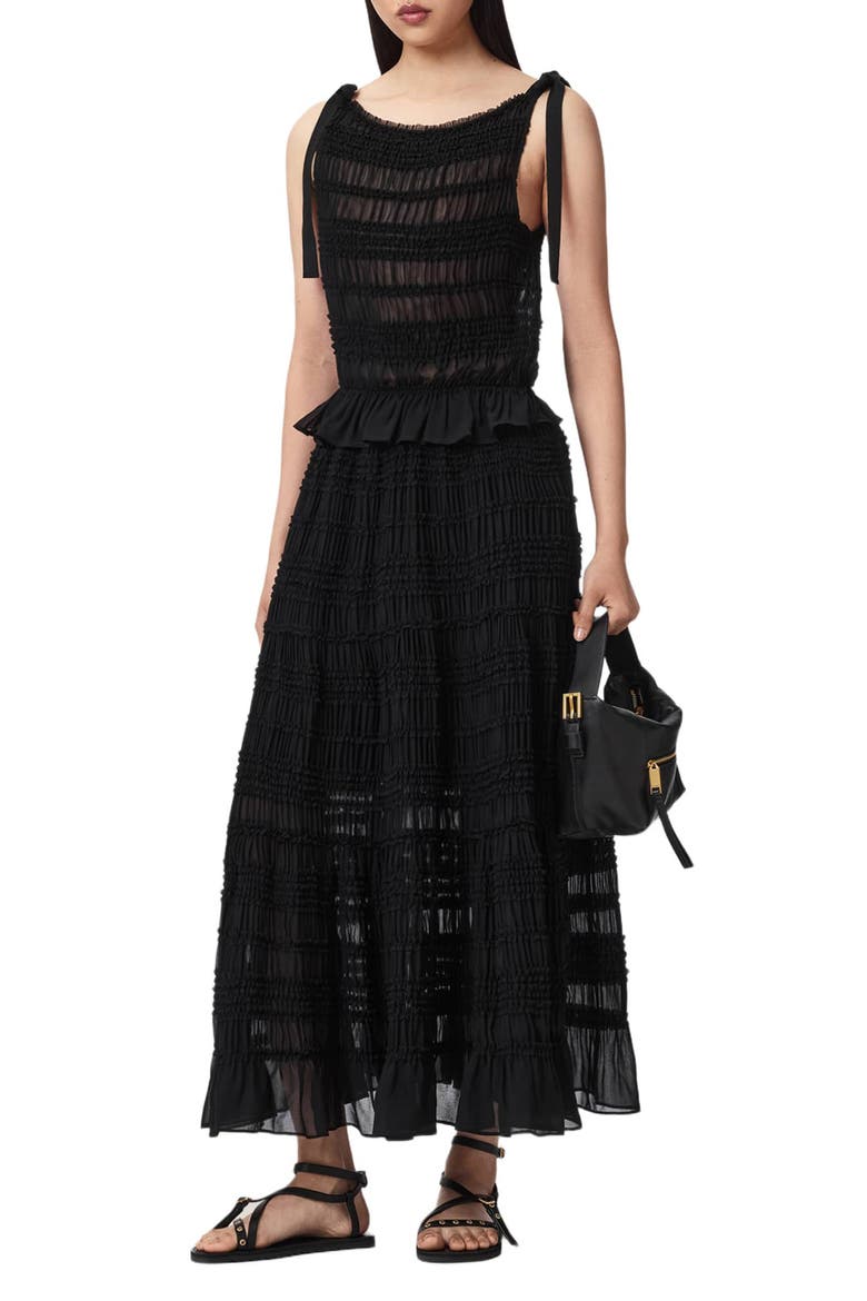 Lotus Sheer Shirred Tie Shoulder Peplum Top, Alternate, color, BLACK