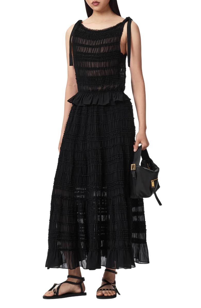 AllSaints Lotus Sheer Shirred Tie Shoulder Peplum Top, Alternate, color, Black