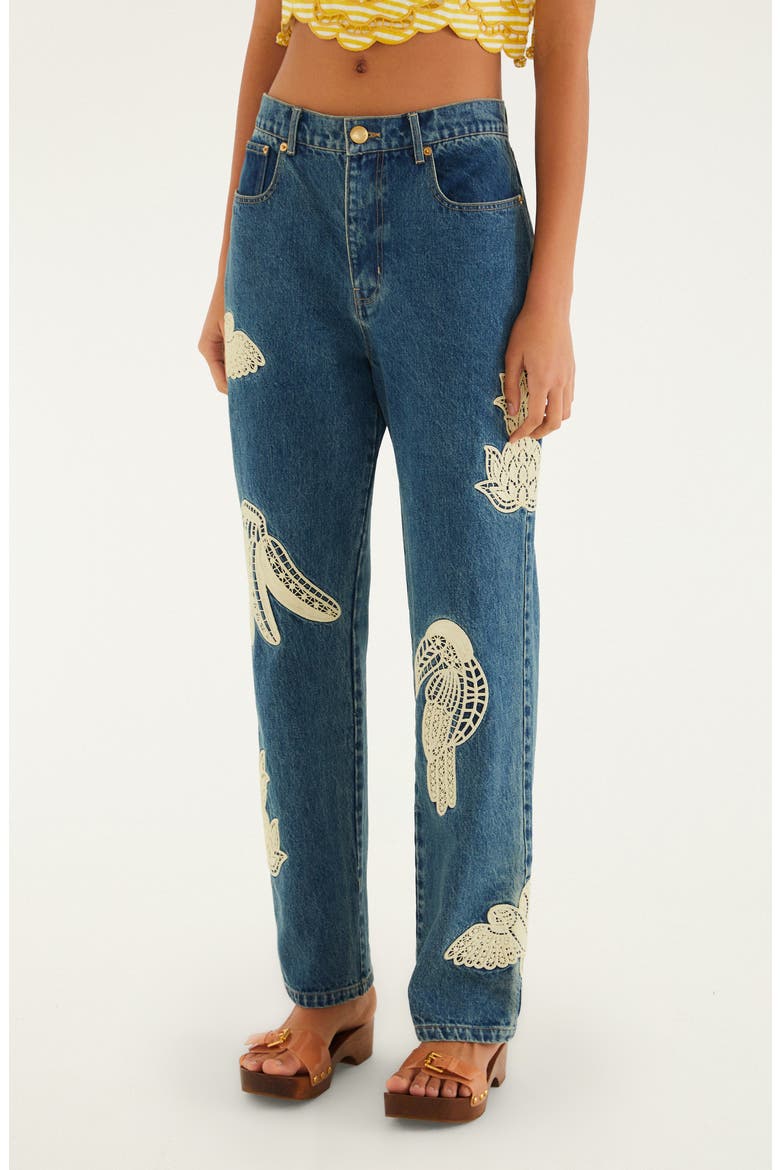 Birds Lace Appliqué Jeans, Alternate, color, DENIM