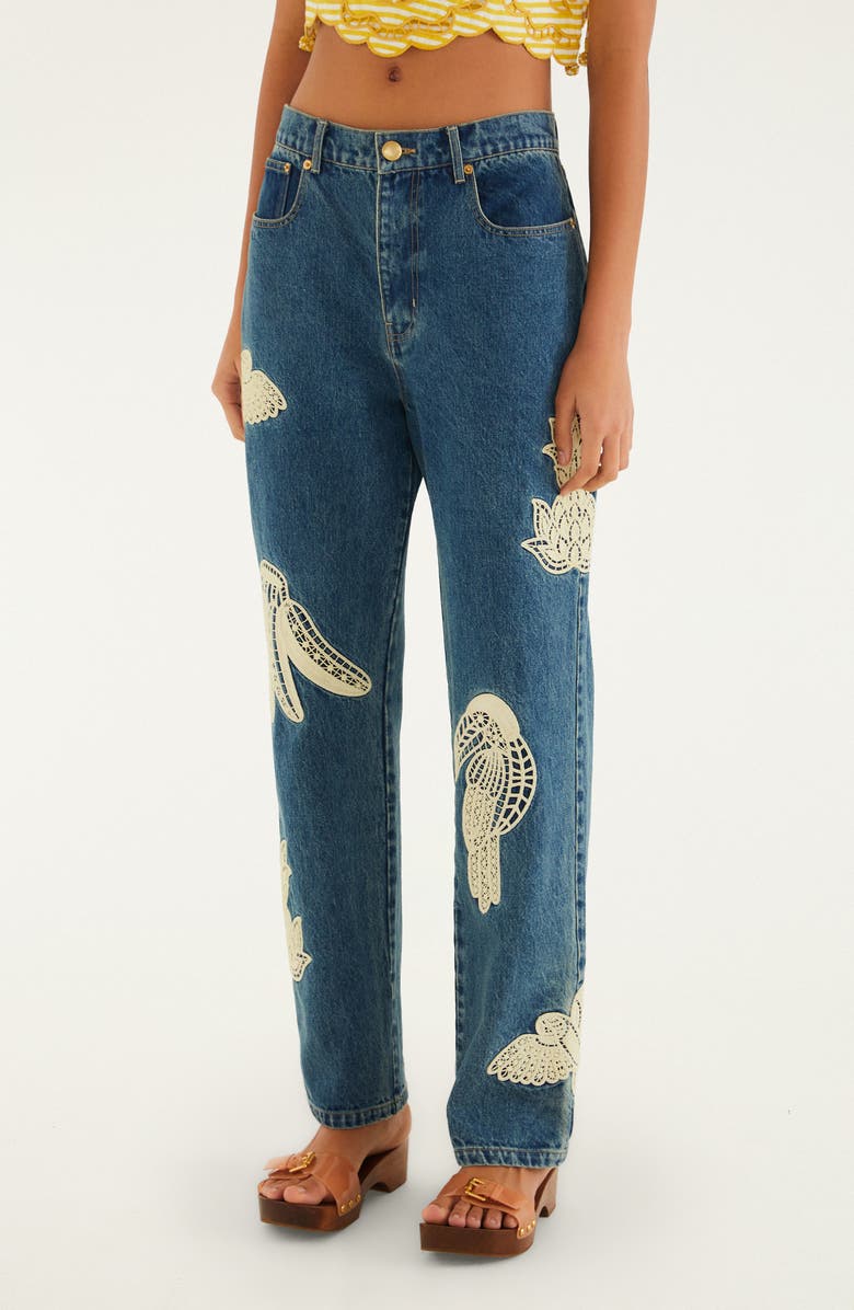 FARM Rio Birds Lace Appliqué Jeans, Alternate, color, Denim