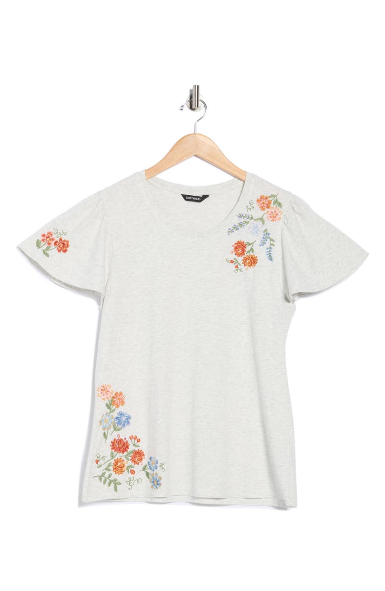 Driftwood Floral Embroidered Flutter Sleeve T-Shirt, Alternate, color, Heather Grey