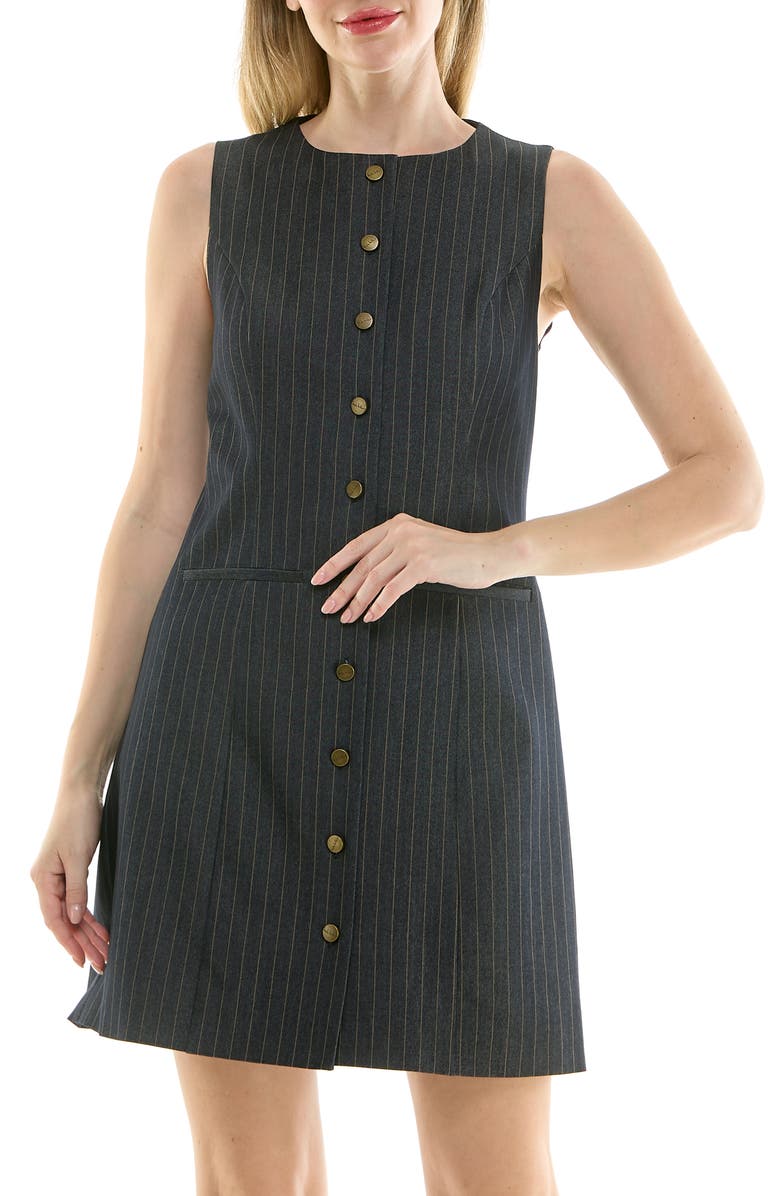 Nicole Miller Pinstripe Sleeveless Shift Dress, Alternate, color, Vintage Blue / Khaki