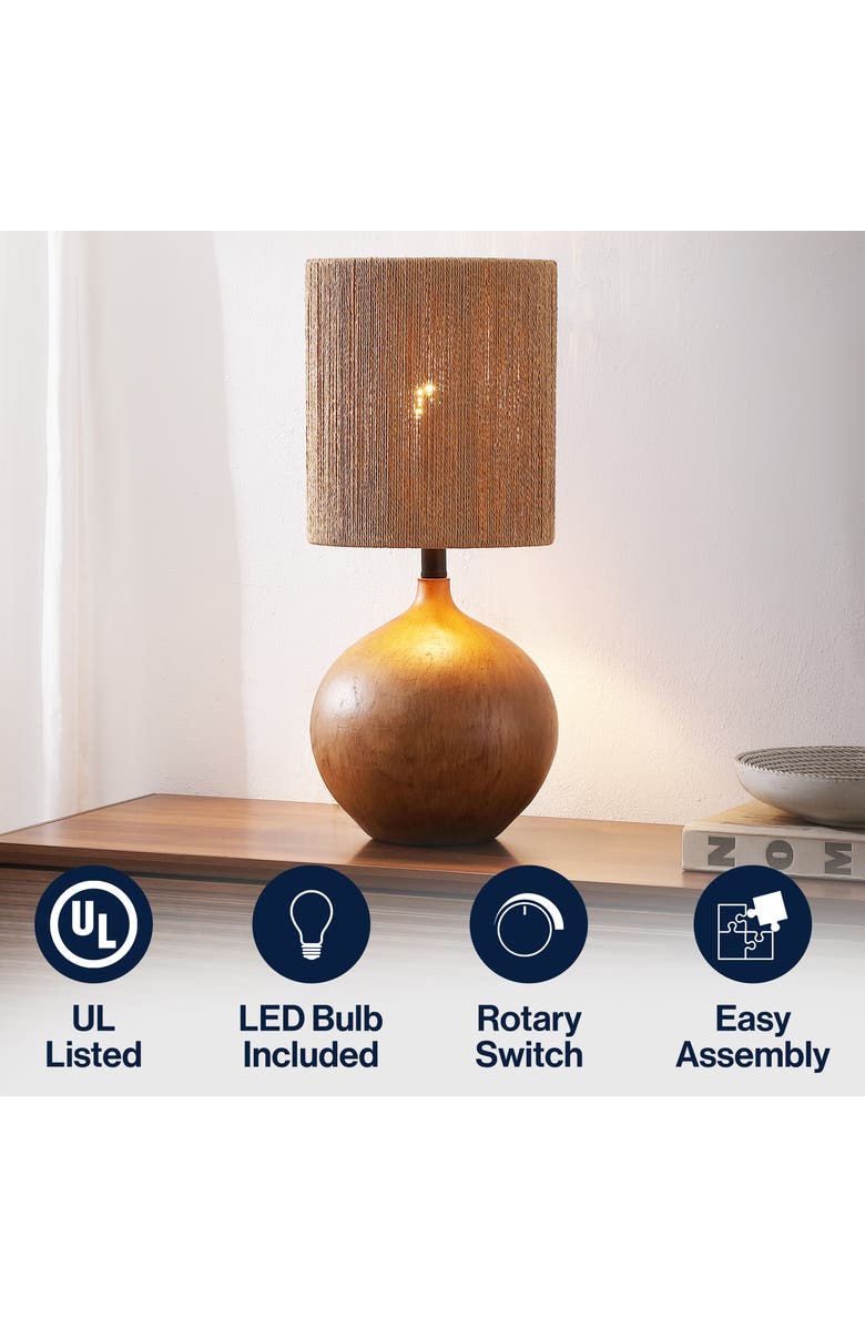 JONATHAN Y Abram Bohemian Resin/Metal Round Table Lamp with Paper Rope Shade, Alternate, color, Brown Wood Finish